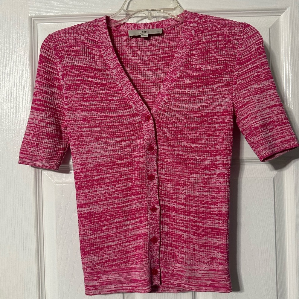 Loft Petites Raspberry V-Neck Cardigan Sweater with Textured Knit